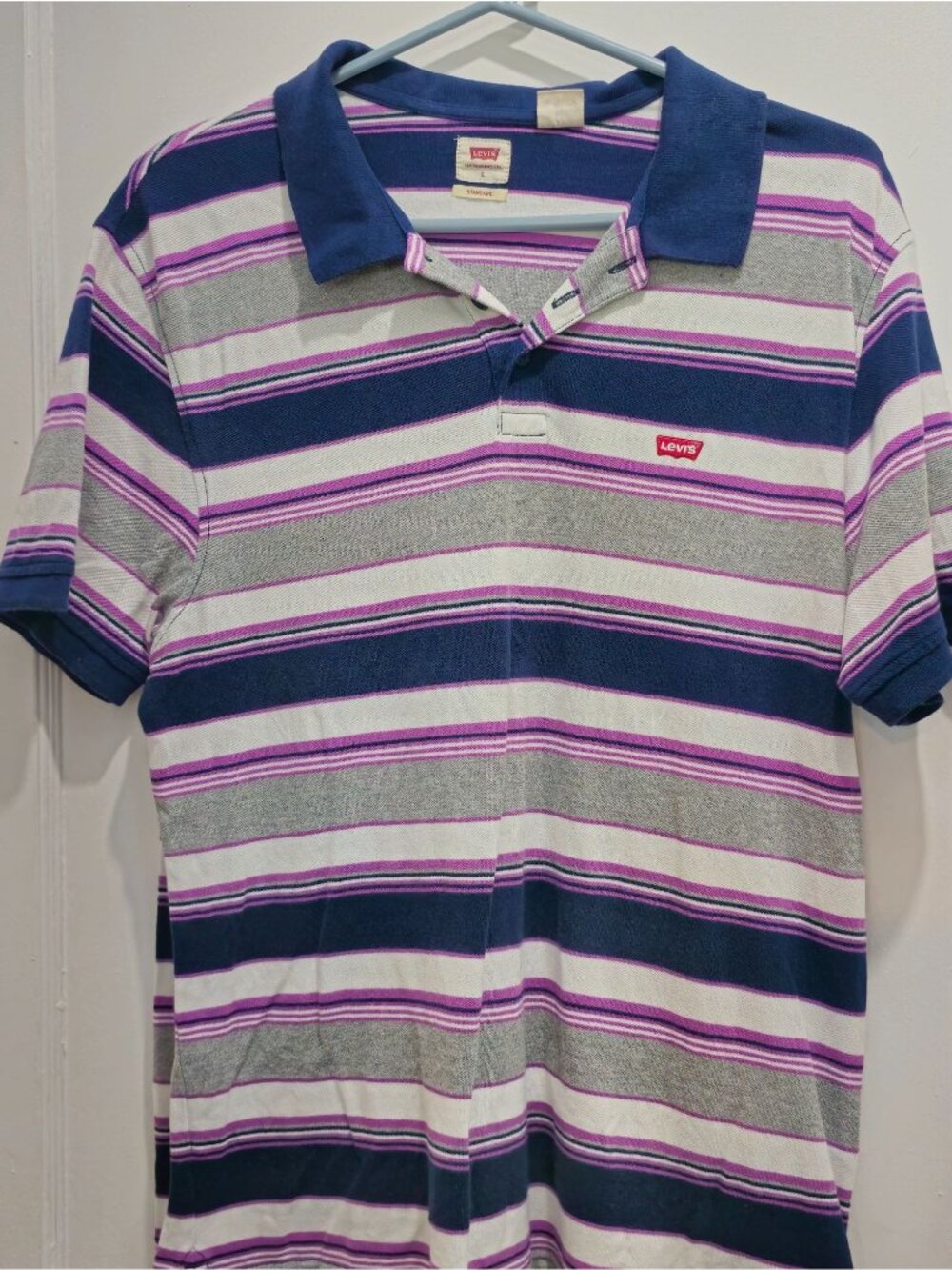 Levis Mens Striped Polo Shirt With Navy Collar Size L